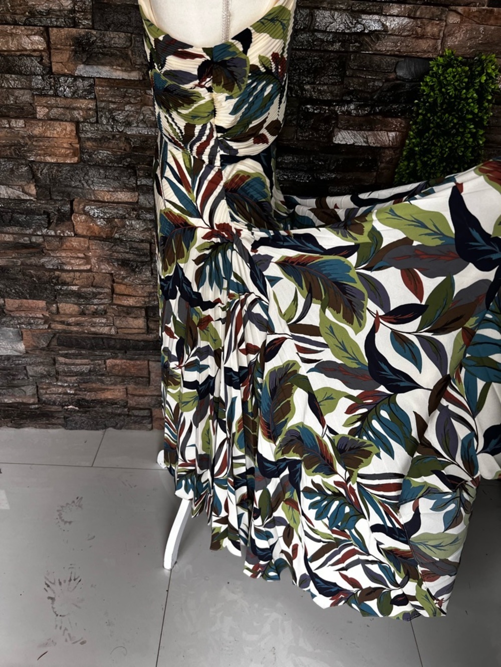 Nicole Miller One-Shoulder Leaf-Print Midi Dress in Green, Blue and Tan - Picture 7 of 16